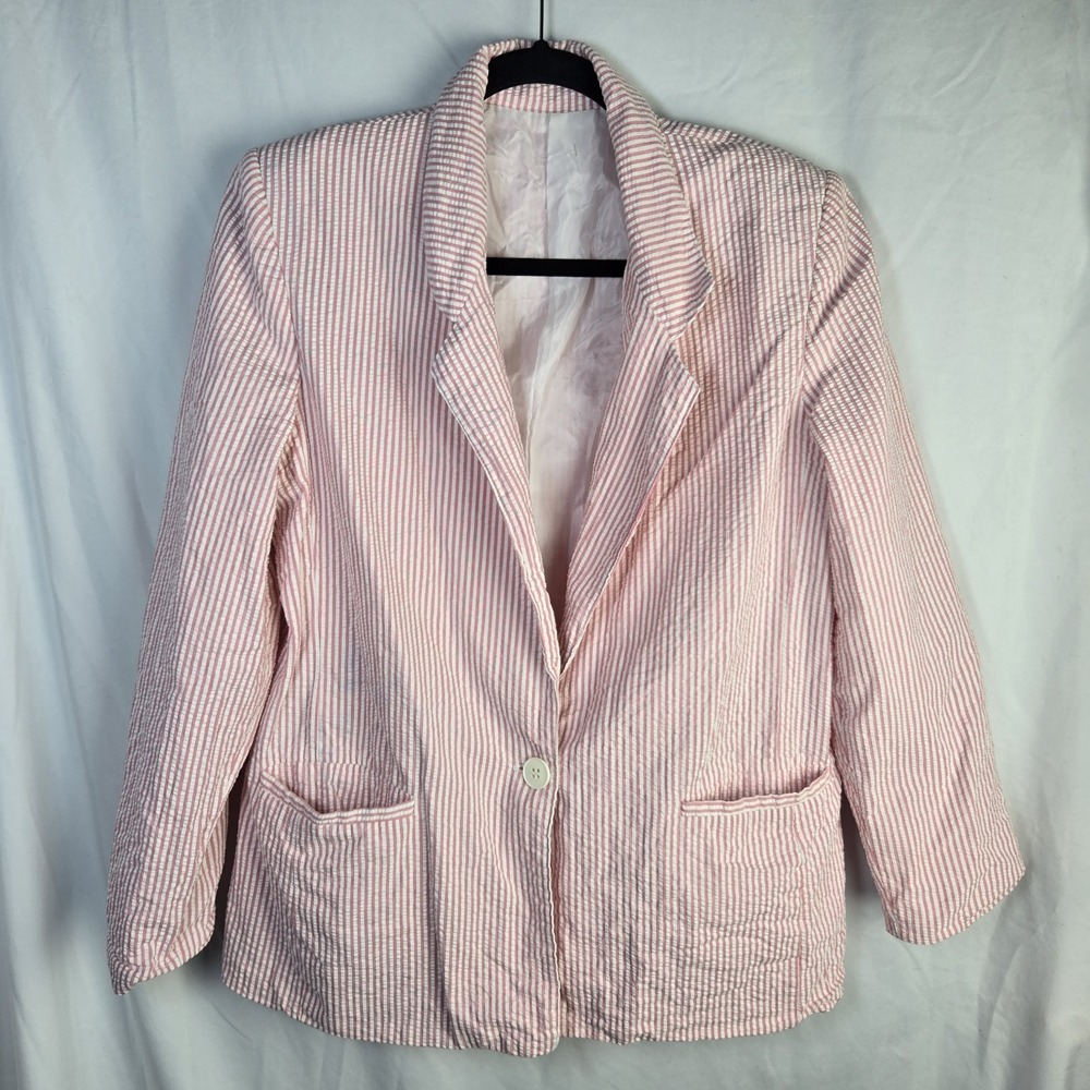 VTG HL Spencer Seersucker Blazer Womens Large ILGWU Pink Preppy Pastel Coastal